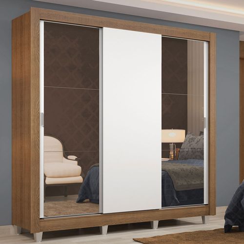 Guarda-Roupa Casal Madesa Lyon 3 Portas de Correr com Espelhos 2 Gavetas com Pés Rustic/Branco