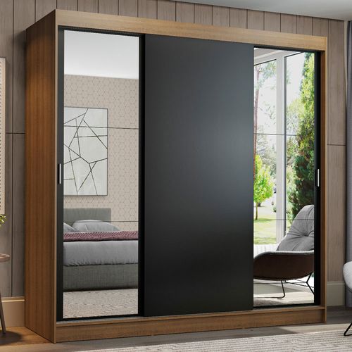 Guarda-Roupa Casal Madesa Reno 3 Portas de Correr com Espelhos Rustic/Preto