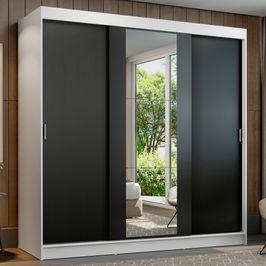Guarda-Roupa Casal Madesa Reno 3 Portas de Correr com Espelho Branco/Preto