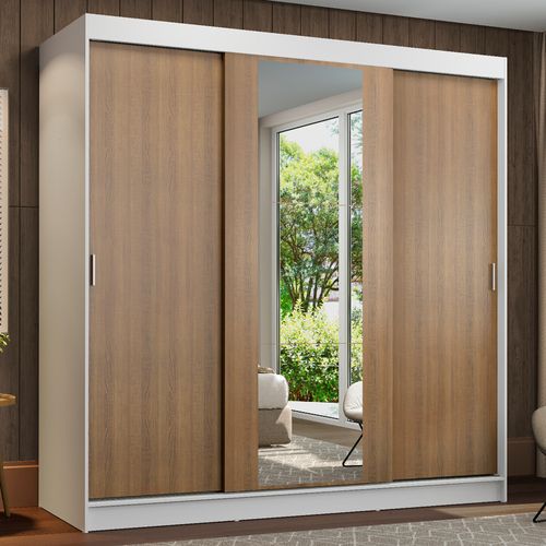Guarda-Roupa Casal Madesa Reno 3 Portas de Correr com Espelho Branco/Rustic