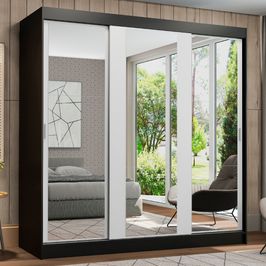 Guarda-Roupa Casal Madesa Reno 3 Portas de Correr de Espelho Preto/Branco