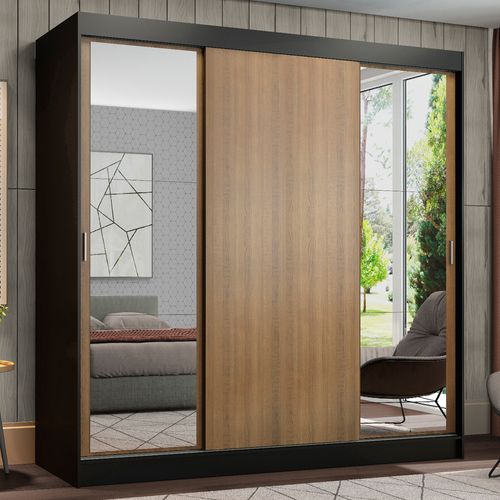 Guarda-Roupa Casal Madesa Reno 3 Portas de Correr com Espelhos Preto/Rustic