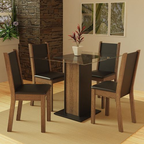 Conjunto Sala de Jantar Madesa Aline Mesa Tampo de Vidro com 4 Cadeiras Preto/Rustic