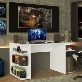 Mesa para Computador Gamer Madesa 9409 e Painel para TV até 50 Polegadas Branco/Preto