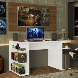 Mesa para Computador Gamer Madesa 9409 e Painel para TV até 50 Polegadas Branco/Rustic
