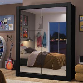 Guarda-Roupa Solteiro Madesa Dallas 2 Portas de Correr de Espelho 2 Gavetas Preto