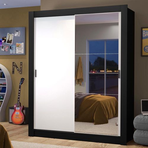 Guarda-Roupa Solteiro Madesa Dallas 2 Portas de Correr com Espelho 2 Gavetas Preto/Branco