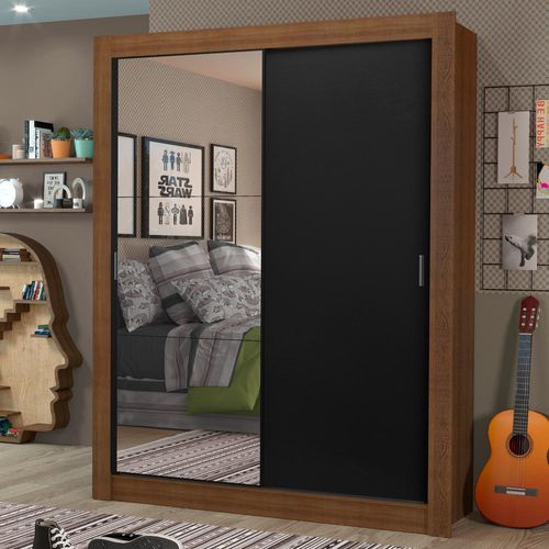 Guarda-Roupa Solteiro Madesa Dallas Plus 2 Portas de Correr com Espelho 4 Gavetas Rustic/Preto