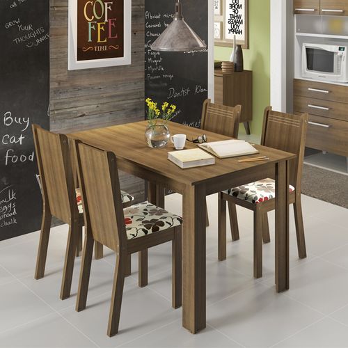 Conjunto Sala de Jantar Rosie Madesa Mesa Tampo de Madeira com 4 Cadeiras Rustic/Floral Hibiscos
