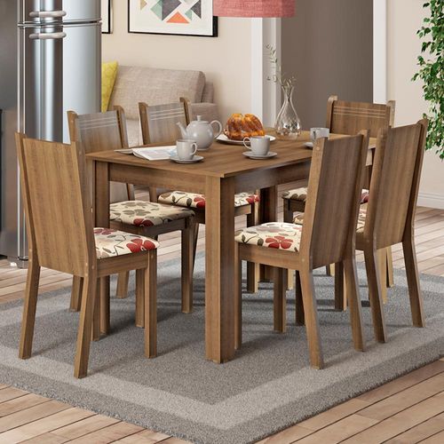Conjunto Sala de Jantar Madesa Maris Mesa Tampo de Madeira com 6 Cadeiras Rustic/Floral Hibiscos