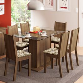 Conjunto Sala de Jantar Madesa Gales Mesa Tampo de Vidro com 6 Cadeiras Rustic/Lírio Bege