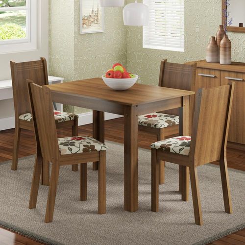 Conjunto Sala de Jantar Madesa Rute Mesa Tampo de Madeira com 4 Cadeiras Rustic/Floral Hibiscos