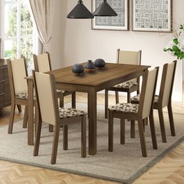 Conjunto Sala de Jantar Madesa Miriam Mesa Tampo de Madeira com 6 Cadeiras Rustic/Crema/Bege Marrom