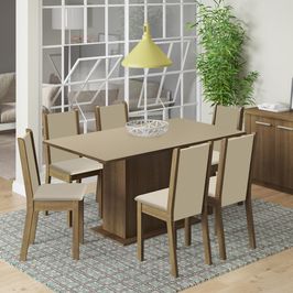 Conjunto Sala de Jantar Madesa Ohana Mesa Tampo de Madeira com 6 Cadeiras Rustic/Crema/Sintético Bege