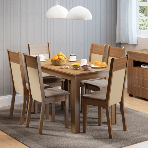 Conjunto Sala de Jantar Honduras Madesa Mesa Tampo de Madeira com 6 Cadeiras Rustic/Crema/Sintético Bege