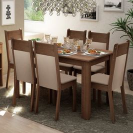 Conjunto Sala de Jantar Madesa Jaíne Mesa Tampo de Madeira com 6 Cadeiras Rustic/Crema/Sintético Bege