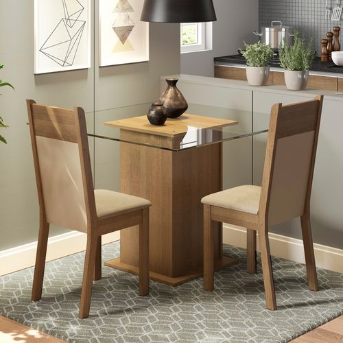 Conjunto Sala de Jantar Madesa Moni Mesa Tampo de Vidro com 2 Cadeiras Rustic/Crema/Sintético Bege