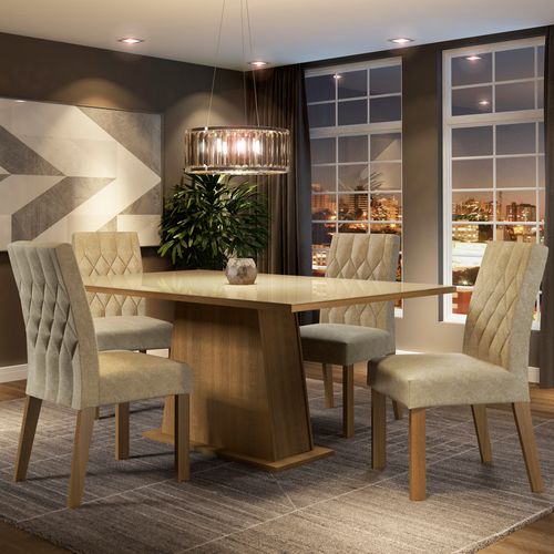 Conjunto Sala de Jantar Madesa Grazi Mesa Tampo de Vidro com 4 Cadeiras Rustic/Crema/Imperial