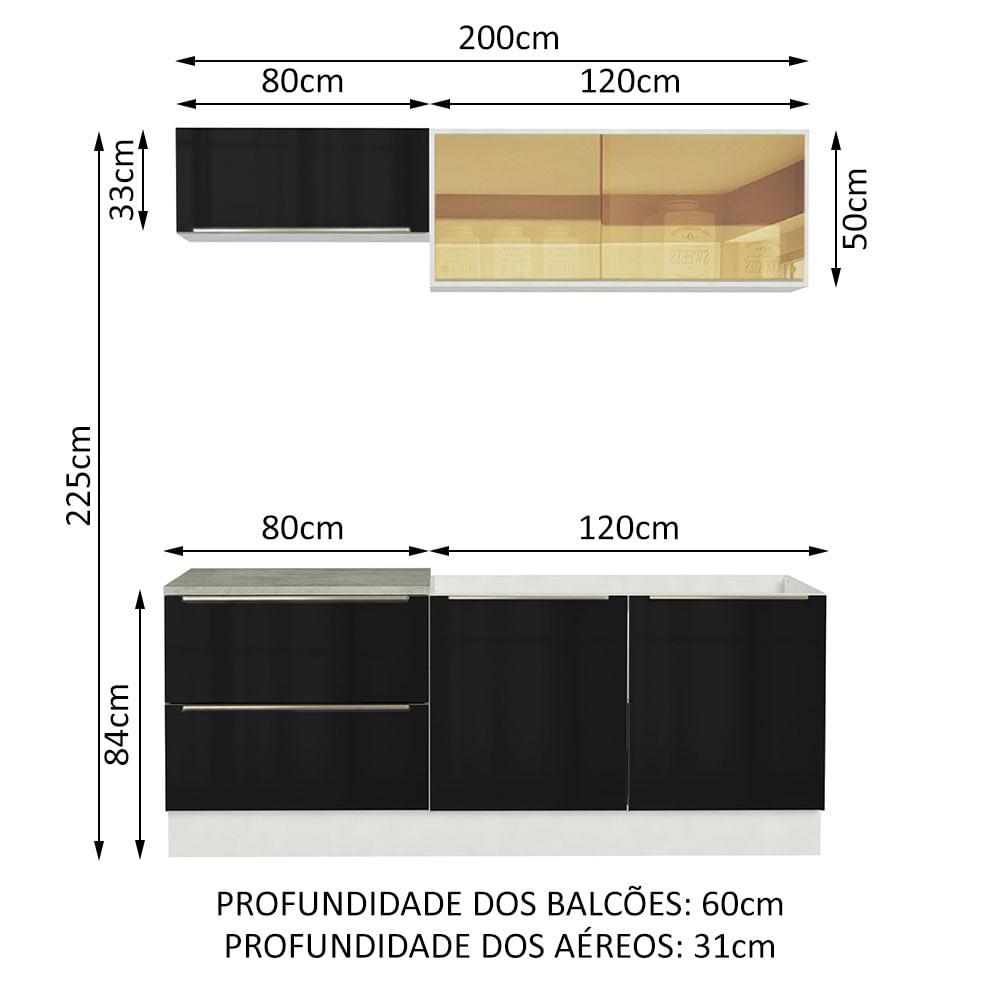 Armário de Cozinha Compacta 200cm Branco/Cinza Lux Madesa 01