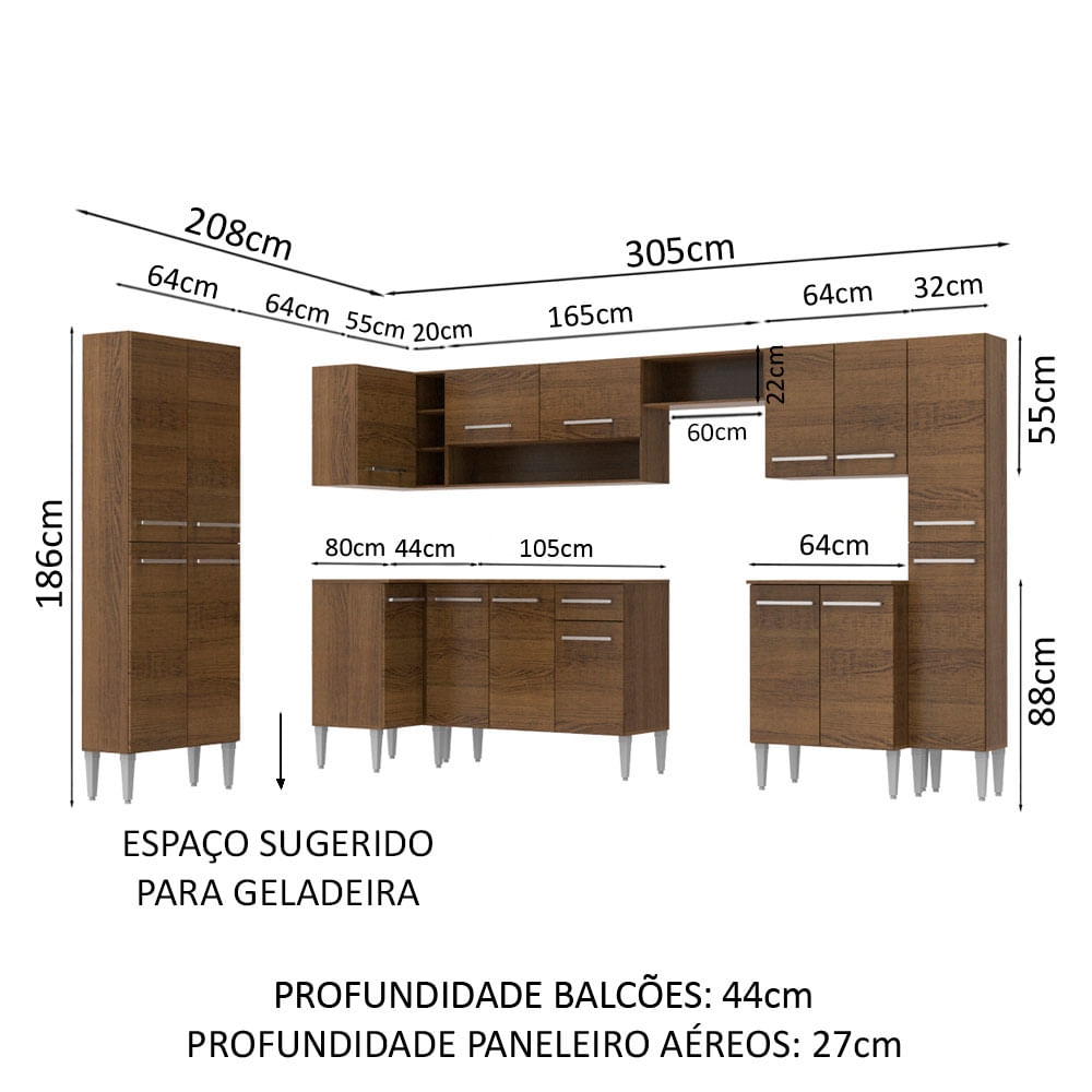 Armário de Cozinha Completa de Canto 513cm Rustic Emilly Live Madesa 01 ...