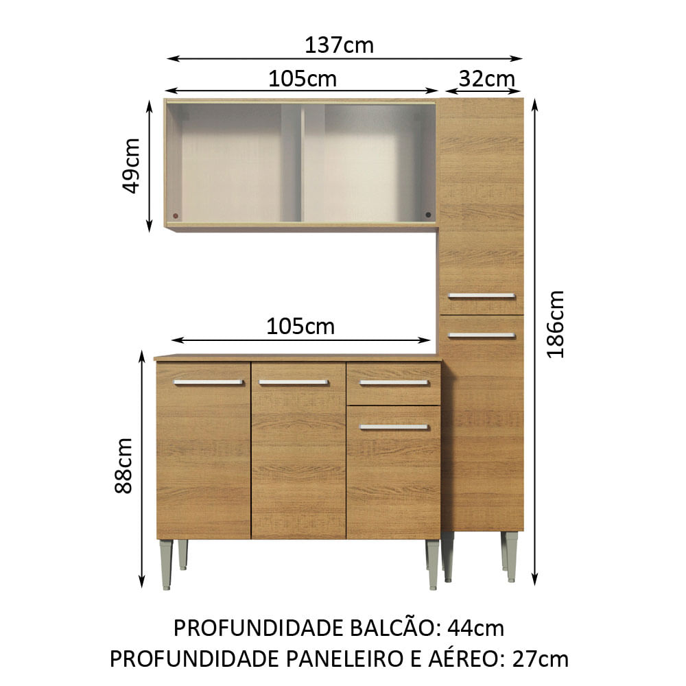 Armário de Cozinha Compacta 137cm Rustic Emilly Force Madesa 02 ...