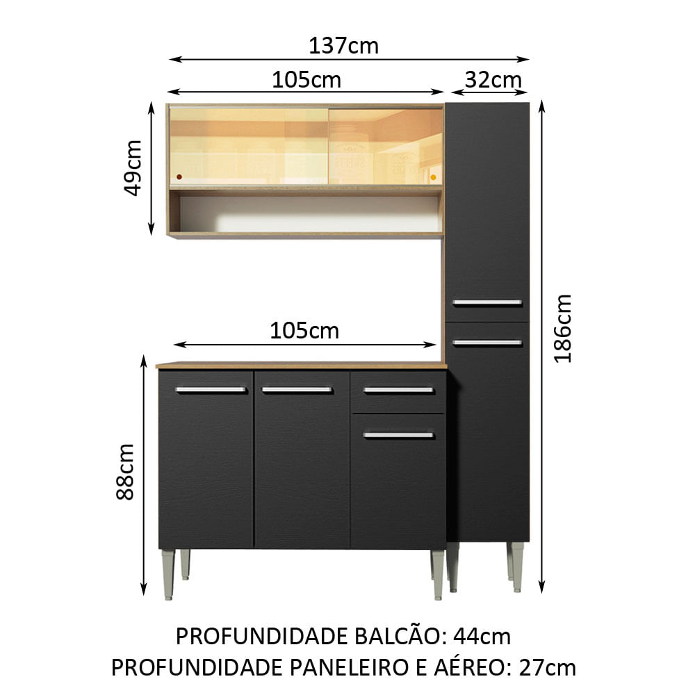 Armário de Cozinha Compacta 137cm Rustic/Preto Emilly Art Madesa 04 ...