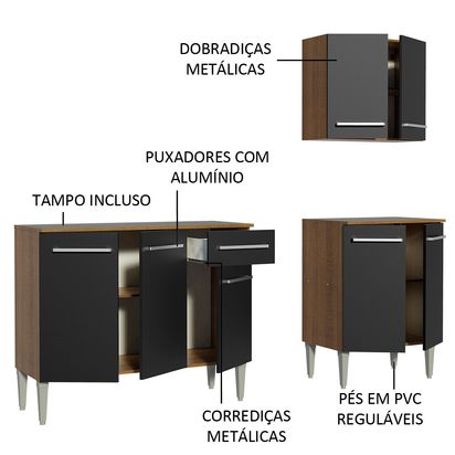 Armário de Cozinha Compacta 169cm Rustic/Preto Emilly Free Madesa