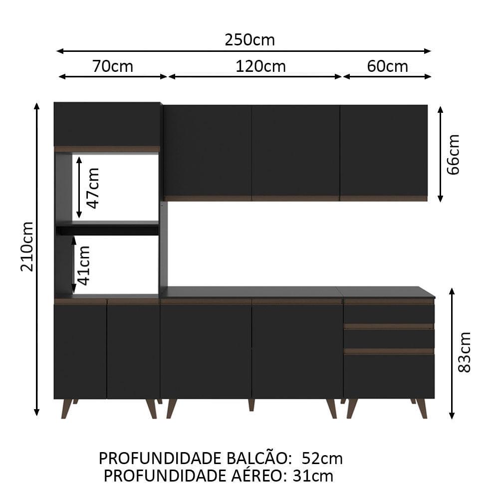 Armário de Cozinha Completa 250cm Preto Reims Madesa - Madesa Móveis