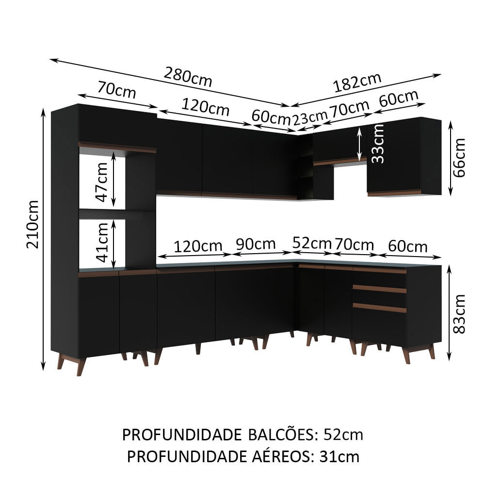 Armário de Cozinha Completa de Canto 462cm Preto Reims Madesa 01 ...