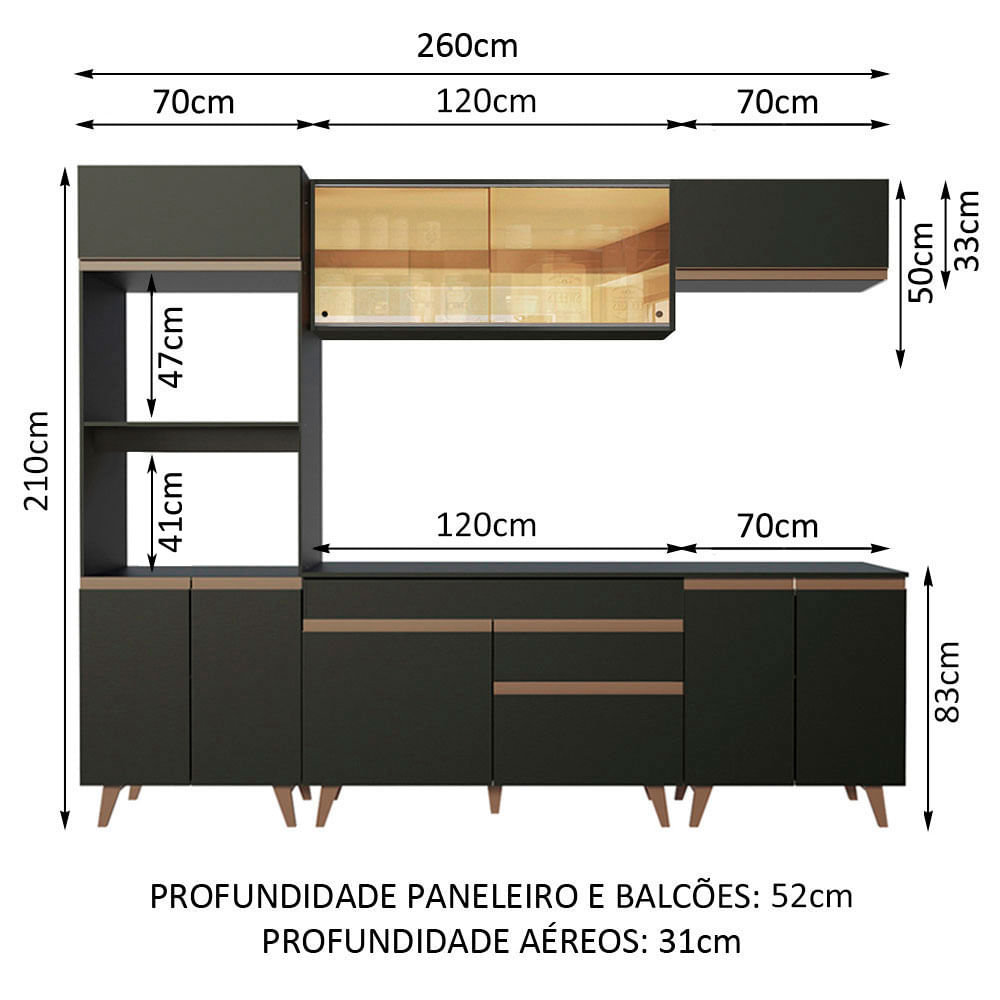 Armário de Cozinha Completa 260cm Preto Reims Madesa 02 - Madesa Móveis