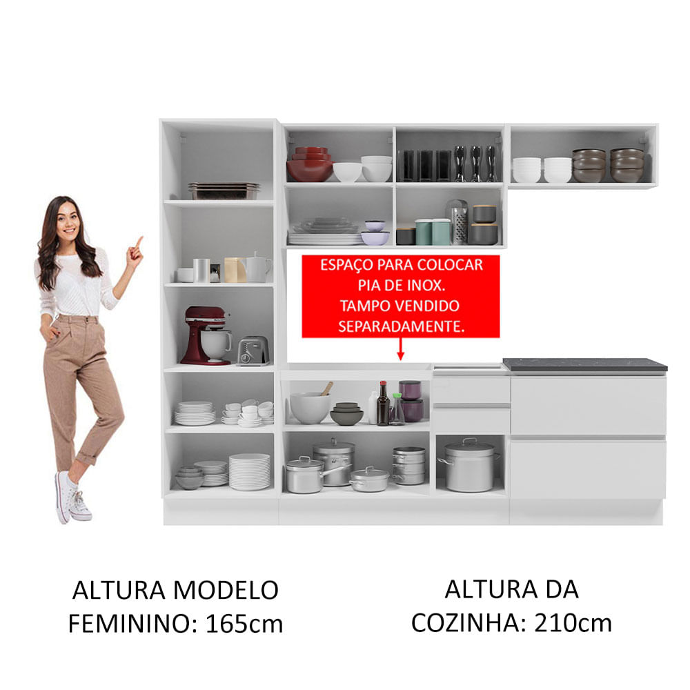 Cozinha Completa Madesa 100% MDF Acordes de Canto Portas Branco Brilho (Sem  Tampo e Pia)