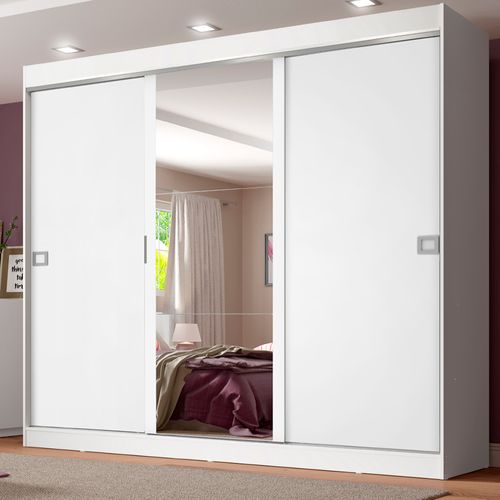 Guarda-Roupa Casal Madesa Napoli 3 Portas de Correr Central com Espelho Branco