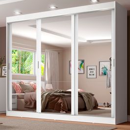 Guarda-Roupa Casal Madesa Napoli 3 Portas de Correr com Espelho Branco