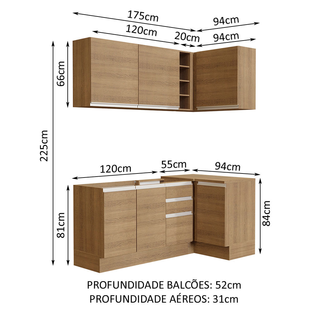 Cozinha Completa de Canto Madesa Glamy 269001 com Armário e Balcão (Sem  Tampo e Pia) - Rustic/Branco