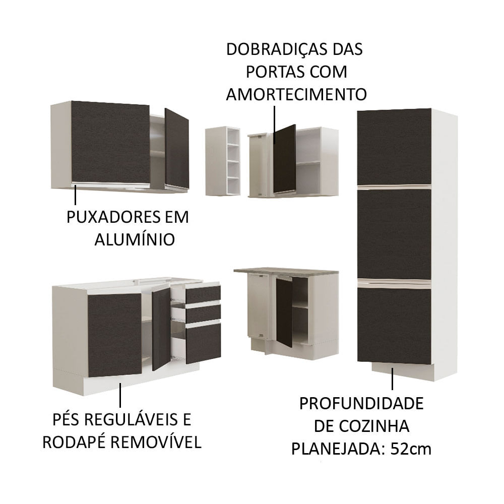 Armário de Cozinha Completa de Canto 329cm Branco Preto Glamy Madesa 02 -  Madesa Móveis