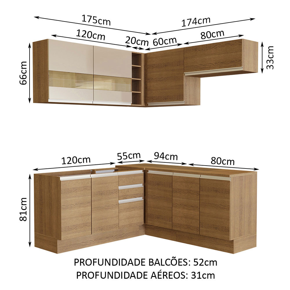 Armário de Cozinha Completa de Canto 349cm Rustic/Rustic/Crema Glamy ...