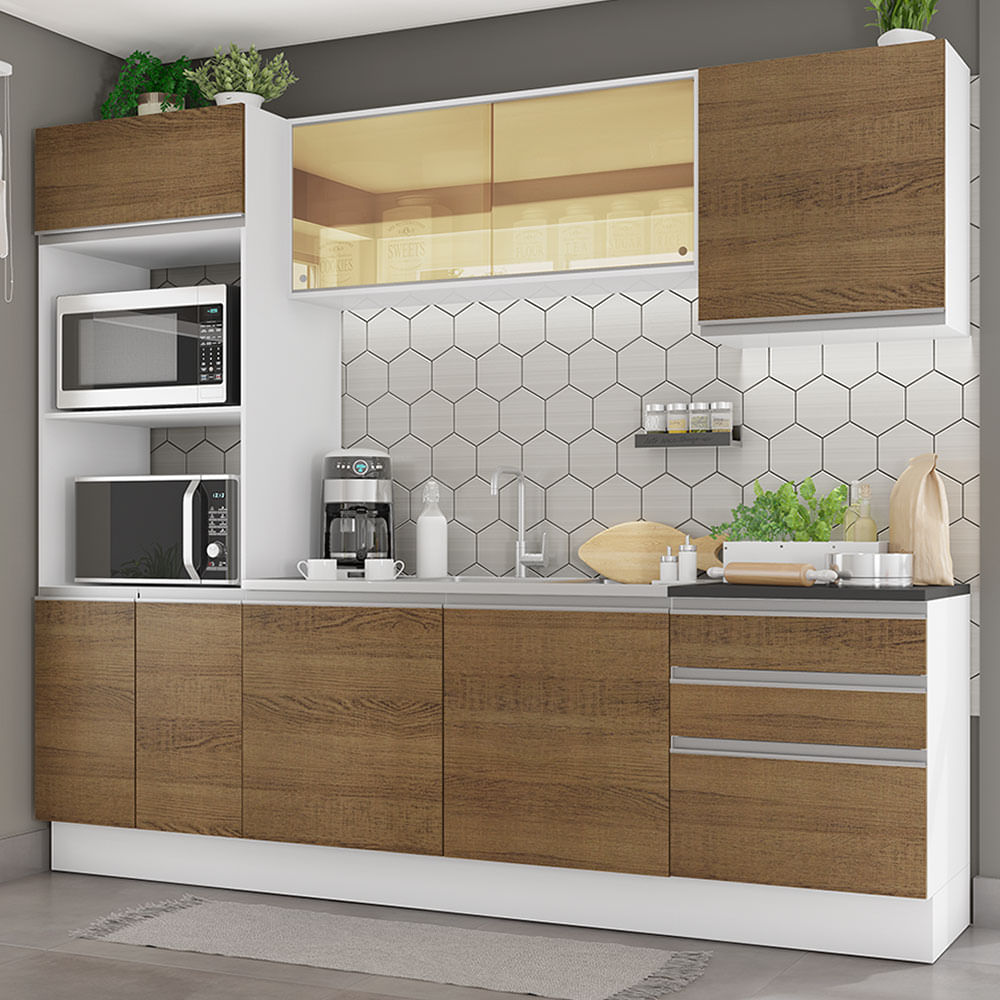 Armário de Cozinha Completa 100% MDF 250cm Branco/Rustic Acordes Madesa 01  - Madesa Móveis