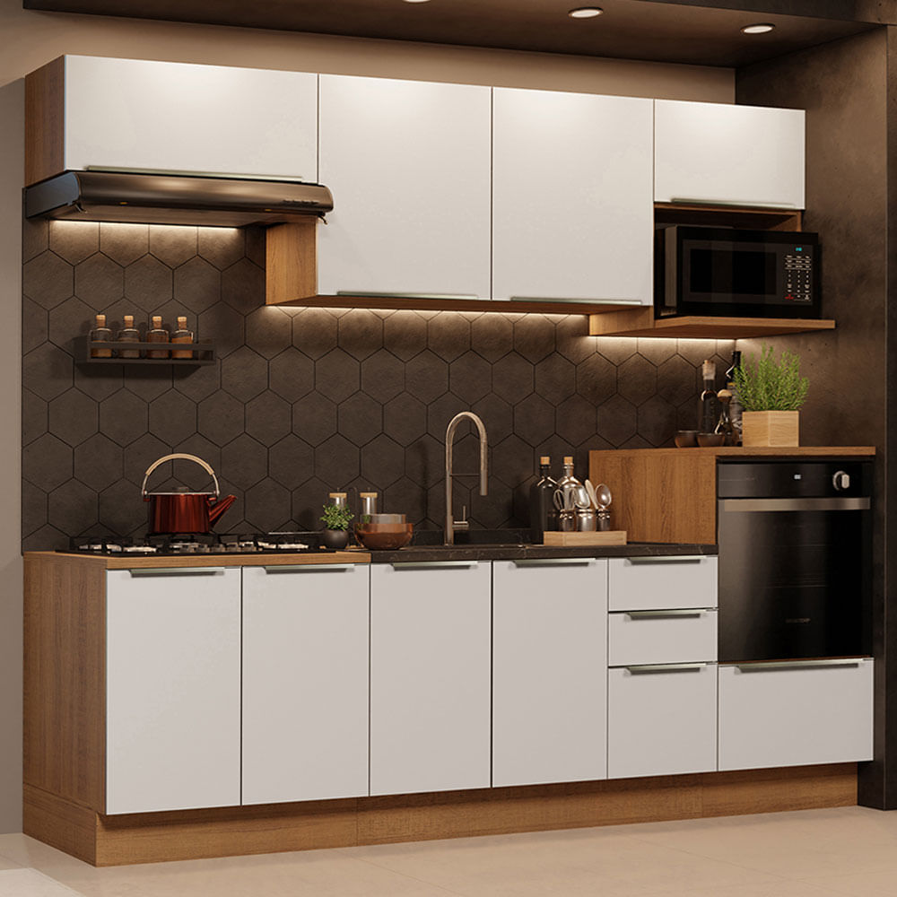 Armário de Cozinha Compacta 200cm Branco/Cinza Lux Madesa 01