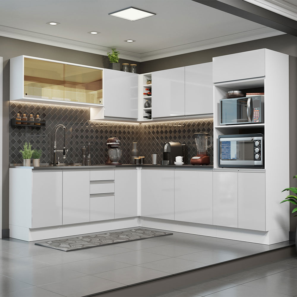 Armário de Cozinha Completa de Canto 100% MDF 448cm Branco/Rustic