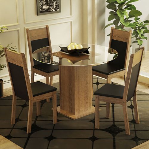 Conjunto Sala de Jantar Madesa Beta Mesa Tampo de Vidro Redondo 4 Cadeiras Rustic/Preto