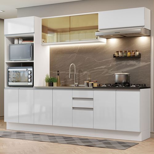 Armário de Cozinha Completa 100% MDF 270cm Frentes Branco Brilho Acordes Madesa 07