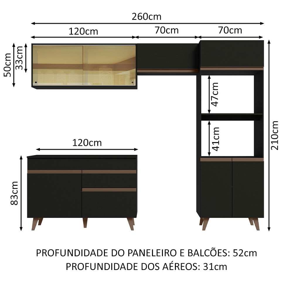 Armário de Cozinha Completa 260cm Preto Reims Madesa XC01 - Madesa Móveis