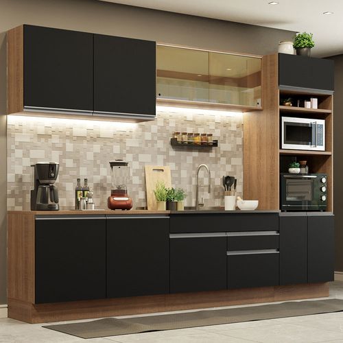 Armário de Cozinha Completa 310cm Rustic Preto Glamy Madesa 01