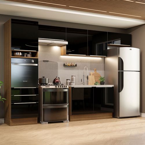 Armário de Cozinha Completa 340cm Rustic/Preto Lux Madesa 01
