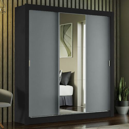 Guarda-Roupa Casal Madesa Mônaco 3 Portas de Correr com Espelho Preto/Cinza