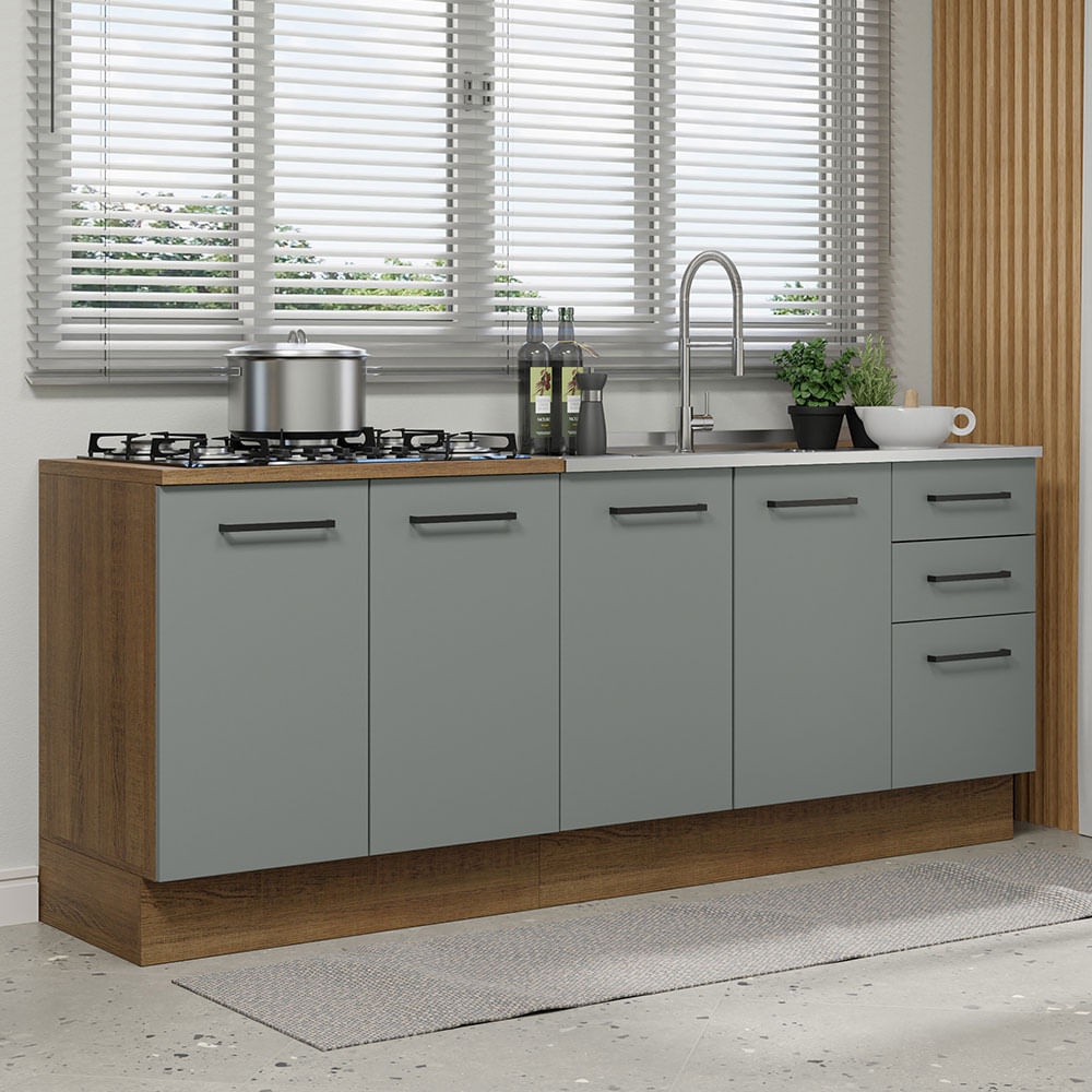 Kit com 2 Balcões de Cozinha Madesa Agata 3 Gavetas 4 Portas (Sem Tampo e Pia) Rustic/Cinza