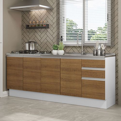 Kit com 2 Balcões de Cozinha Madesa Glamy 4 Portas 3 Gavetas (Sem Tampo e Pia) Branco/Rustic Branco/Rustic