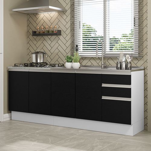 Kit com 2 Balcões de Cozinha Madesa Glamy 4 Portas 3 Gavetas (Sem Tampo e Pia) Branco/Preto Branco/Preto