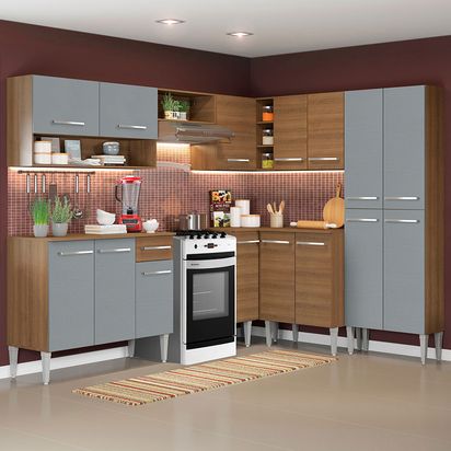 Armário de Cozinha Completa de Canto 417cm Rustic/Cinza Emilly Ice