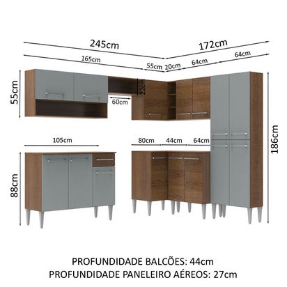 Armário de Cozinha Completa de Canto 417cm Rustic/Cinza Emilly Ice